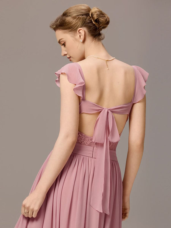 Back-Tie Pleated Ruffles Sleeves Maxi Bridesmaid Dress