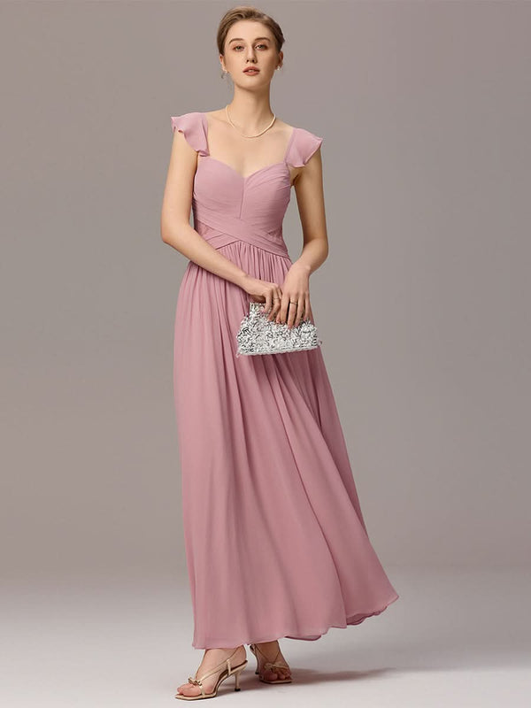 Back-Tie Pleated Ruffles Sleeves Maxi Bridesmaid Dress