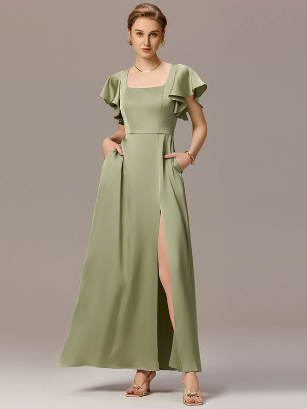Satin Square Neck Short Sleeve Ruffled Maxi Bridesmaid Dress with Pockets