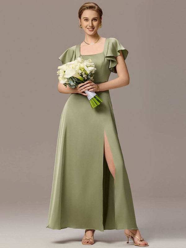 Satin Square Neck Short Sleeve Ruffled Maxi Bridesmaid Dress with Pockets