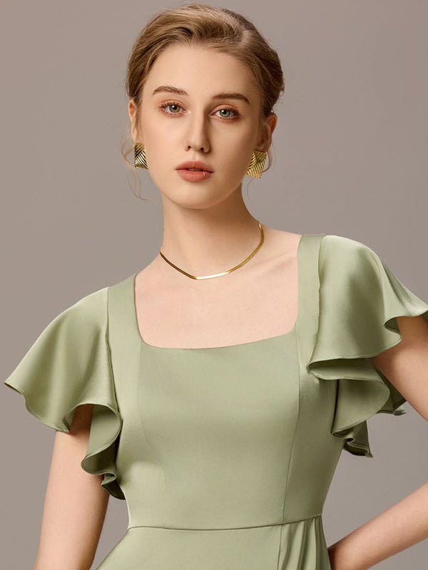 Satin Square Neck Short Sleeve Ruffled Maxi Bridesmaid Dress with Pockets