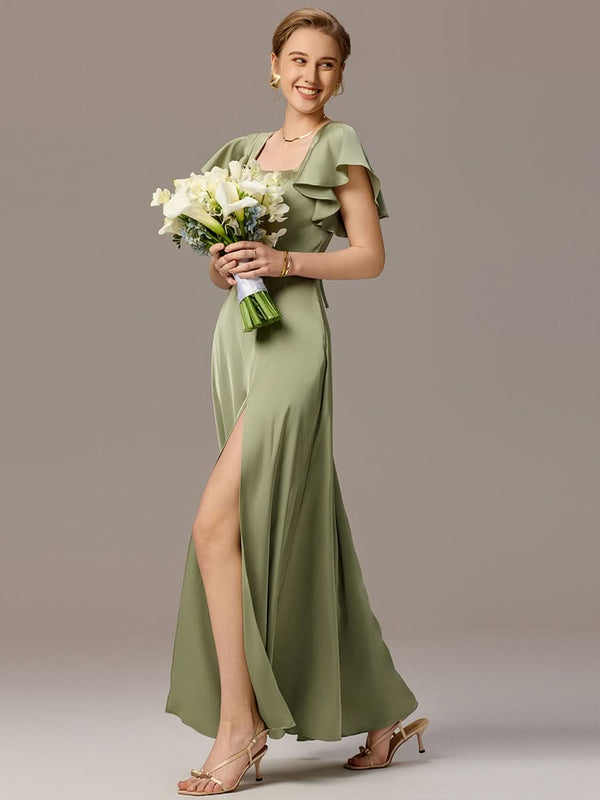 Satin Square Neck Short Sleeve Ruffled Maxi Bridesmaid Dress with Pockets