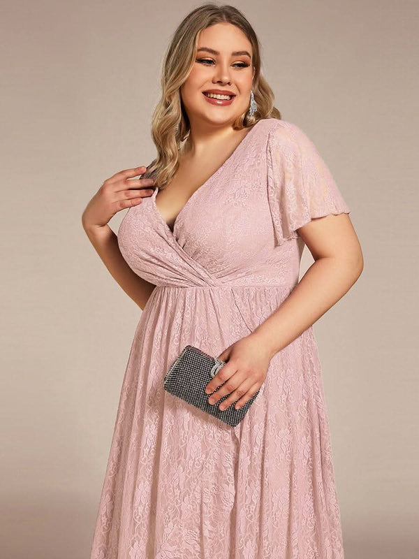 ever ELISE|Pleated V-Neck Short Sleeve Ruffled Lace Formal Mother of the Bride Dress