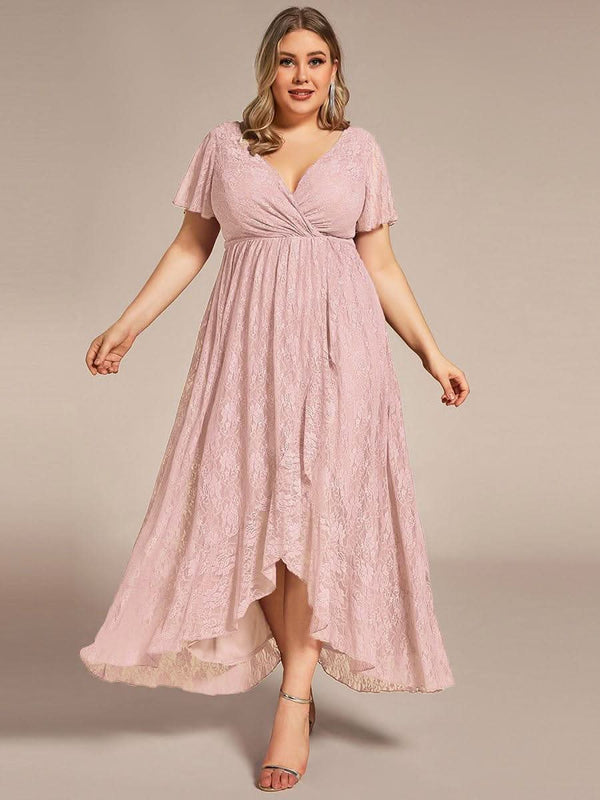 ever ELISE|Pleated V-Neck Short Sleeve Ruffled Lace Formal Mother of the Bride Dress