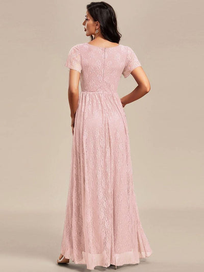 Pleated V-Neck Short Sleeve Ruffled Lace Evening Dress #color_Pink