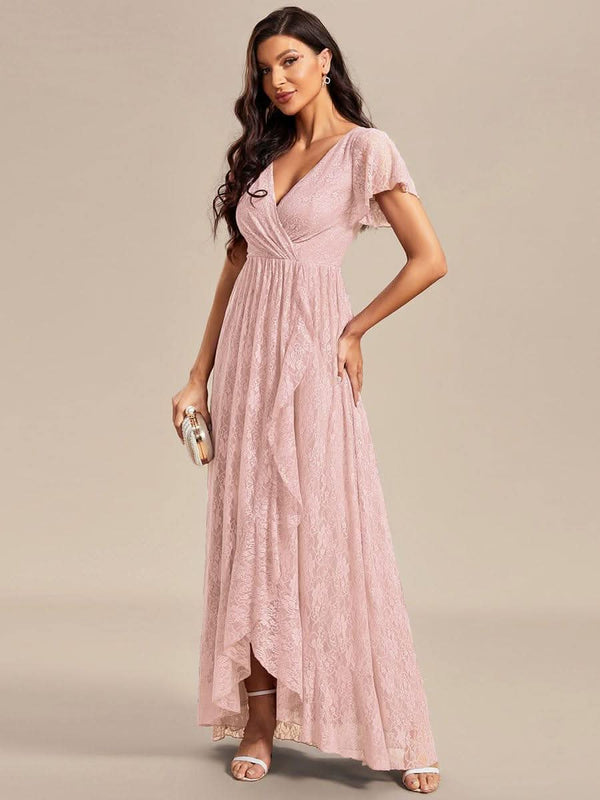 ever ELISE|Pleated V-Neck Short Sleeve Ruffled Lace Formal Mother of the Bride Dress