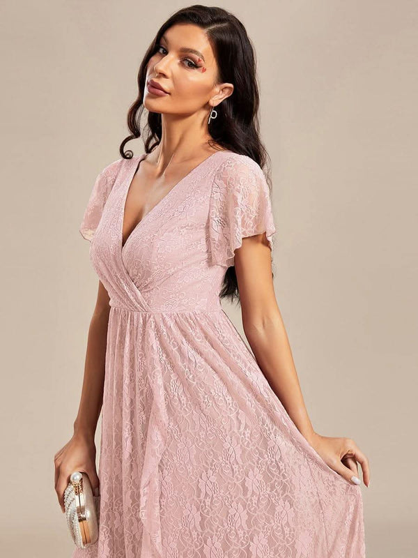 ever ELISE|Pleated V-Neck Short Sleeve Ruffled Lace Formal Mother of the Bride Dress