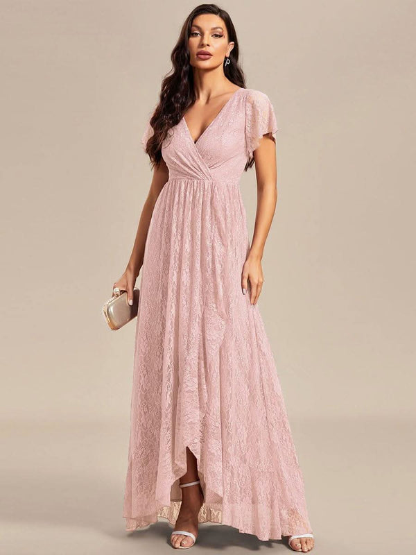 ever ELISE|Pleated V-Neck Short Sleeve Ruffled Lace Formal Mother of the Bride Dress