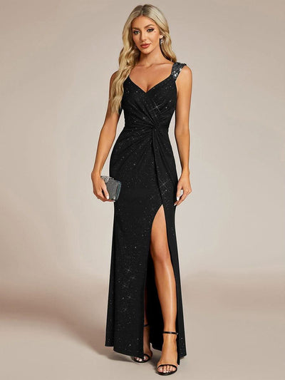 Glitter V-Neck High Slit Sequin Shoulder Strap Evening Dress #color_Black