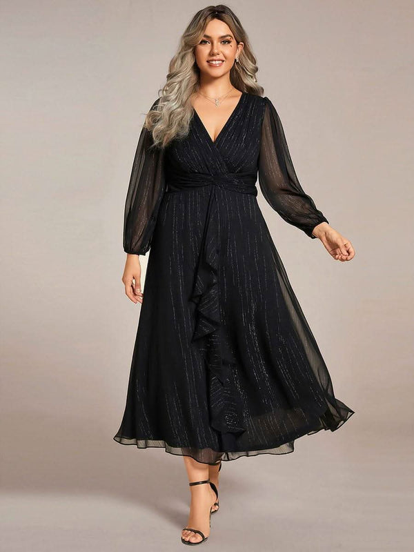 ever EMBER|Glitter Twist Knot See-Through Long Sleeve Wedding Guest Dress