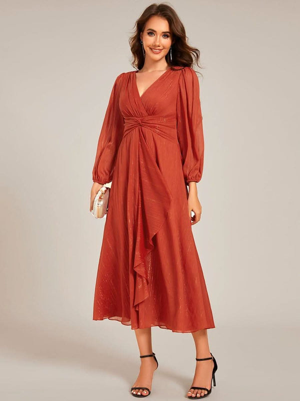 ever EMBER|Glitter Twist Knot See-Through Long Sleeve Wedding Guest Dress