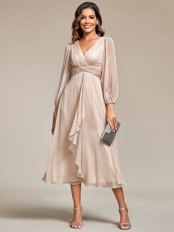 ever EMBER|Glitter Twist Knot See-Through Long Sleeve Wedding Guest Dress