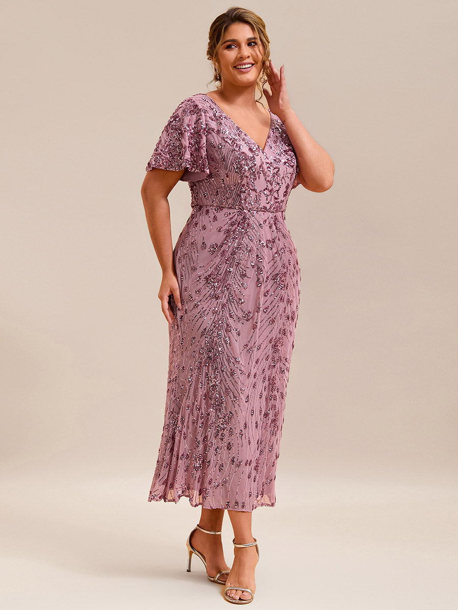 Floral Sequin  Ruffled Sleeve Mermaid Formal Dresses #color_Purple Orchid