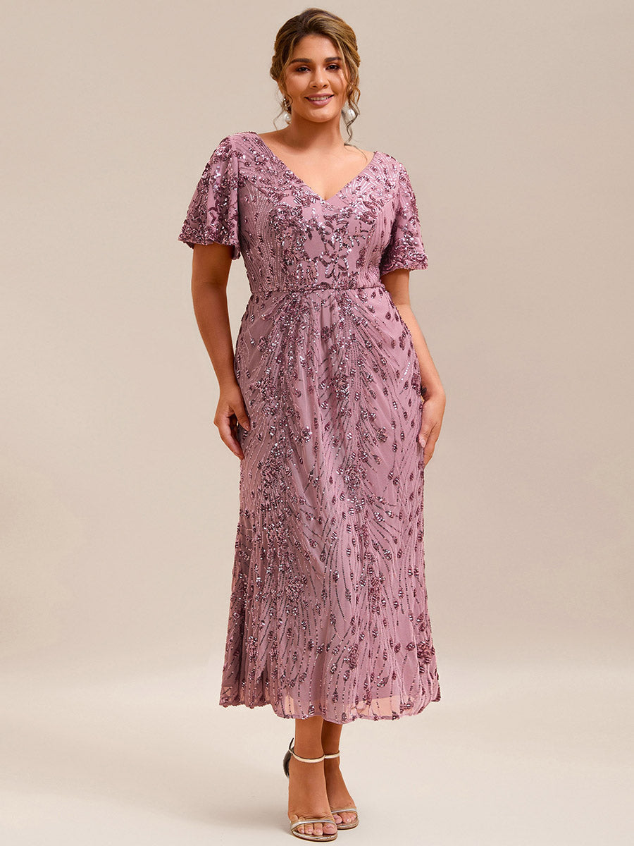 Floral Sequin  Ruffled Sleeve Mermaid Formal Dresses #color_Purple Orchid