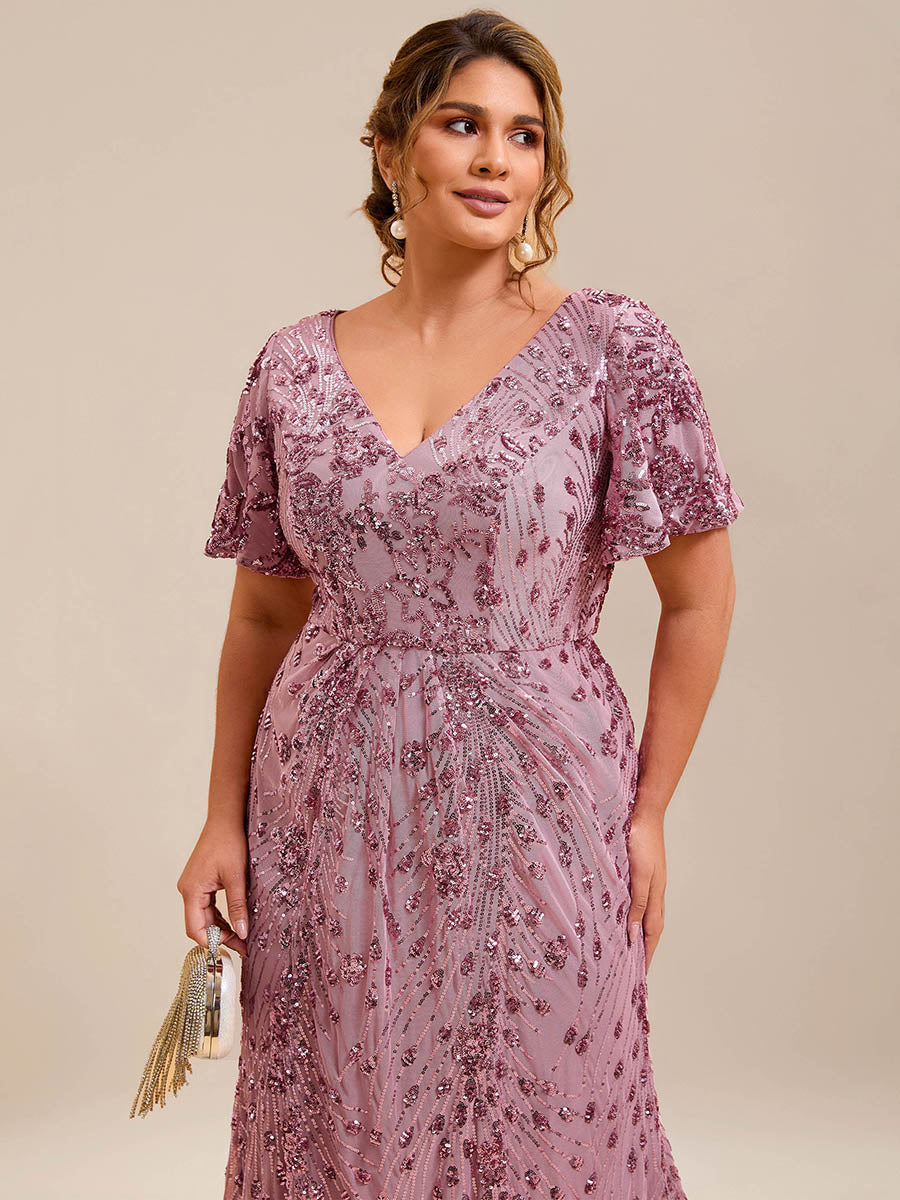Floral Sequin  Ruffled Sleeve Mermaid Formal Dresses #color_Purple Orchid