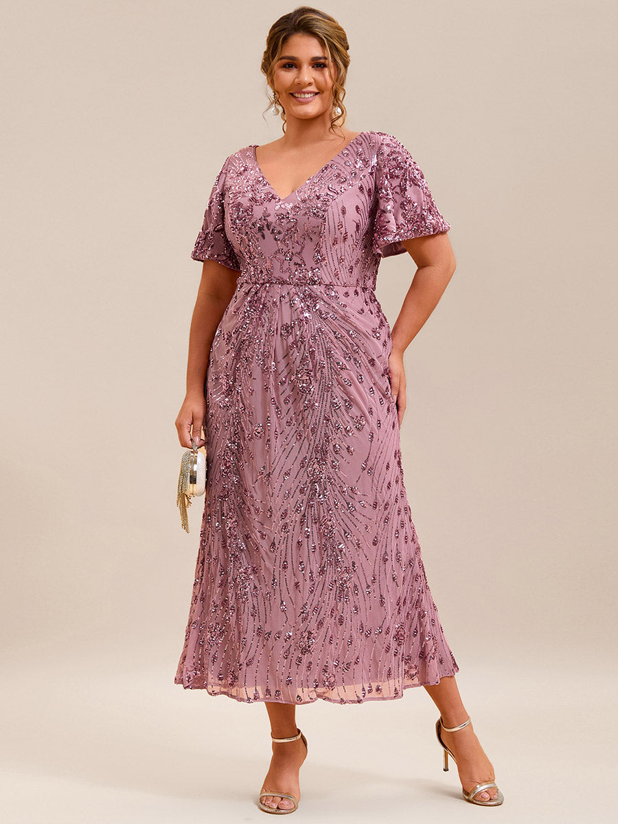 Floral Sequin  Ruffled Sleeve Mermaid Formal Dresses #color_Purple Orchid