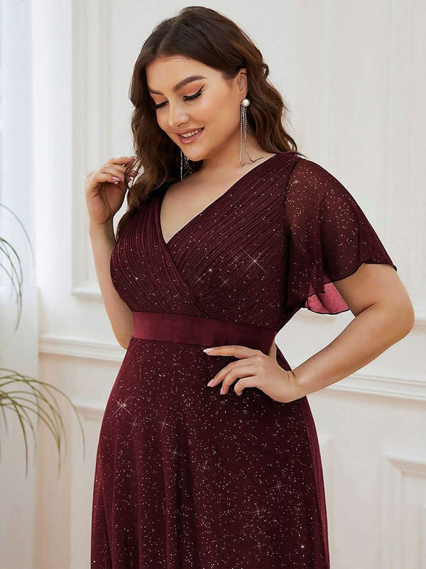 ever LIOR¨¦|Sparkling Short Sleeve V-Neck Ribbon Waist A-Line Bridesmaid Dress