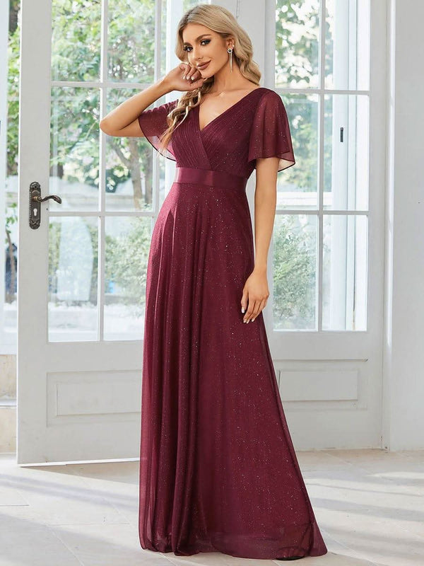 ever LIOR¨¦|Sparkling Short Sleeve V-Neck Ribbon Waist A-Line Bridesmaid Dress