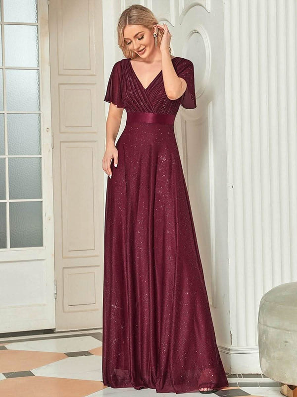 ever LIOR¨¦|Sparkling Short Sleeve V-Neck Ribbon Waist A-Line Bridesmaid Dress