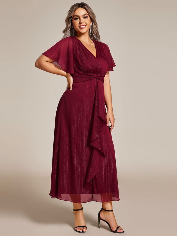 ever OPAHL|Silver Metallic Fabric V-Neck A-Line Evening Dress Featuring Delicate Ruffled Hem