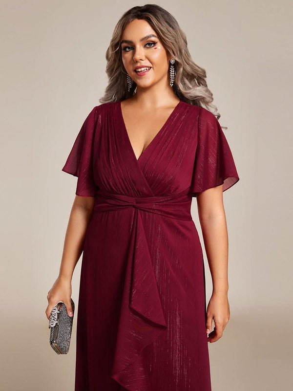 ever OPAHL|Silver Metallic Fabric V-Neck A-Line Evening Dress Featuring Delicate Ruffled Hem