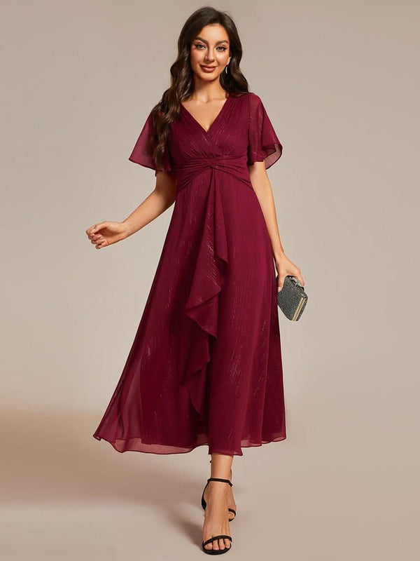 ever OPAHL|Silver Metallic Fabric V-Neck A-Line Evening Dress Featuring Delicate Ruffled Hem