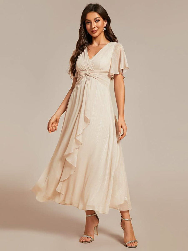 ever OPAHL|Silver Metallic Fabric V-Neck A-Line Evening Dress Featuring Delicate Ruffled Hem