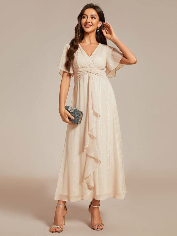 ever OPAHL|Silver Metallic Fabric V-Neck A-Line Evening Dress Featuring Delicate Ruffled Hem
