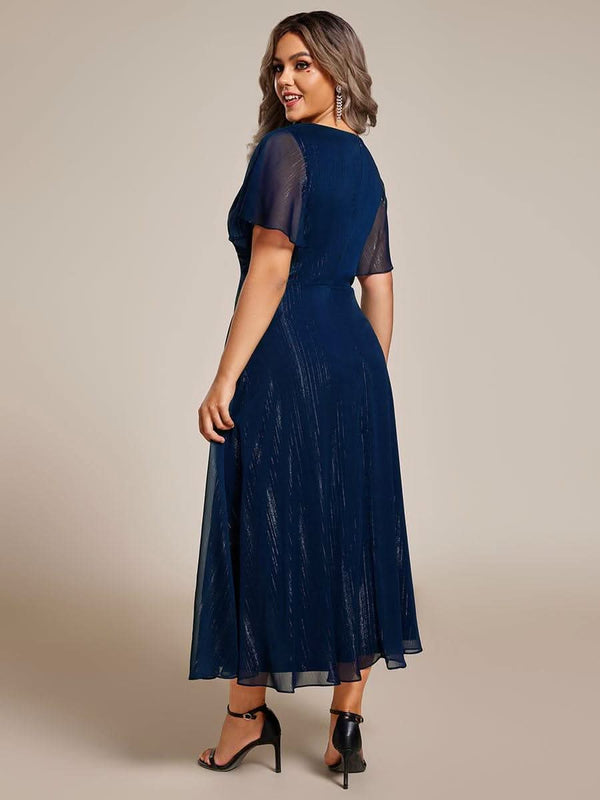 ever OPAHL|Silver Metallic Fabric V-Neck A-Line Evening Dress Featuring Delicate Ruffled Hem