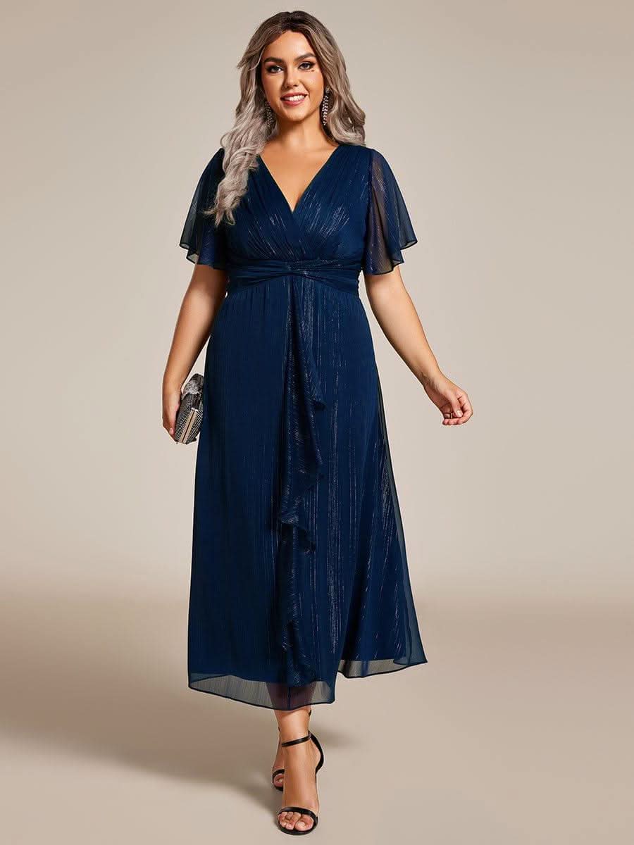 Silver Metallic Fabric V-Neck A-Line Dress featuring Delicate Ruffled Hem #color_Navy Blue