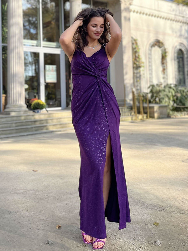 ever NOIRE|Glitter V-Neck High Slit Sequin Shoulder Strap Wedding Guest Dress